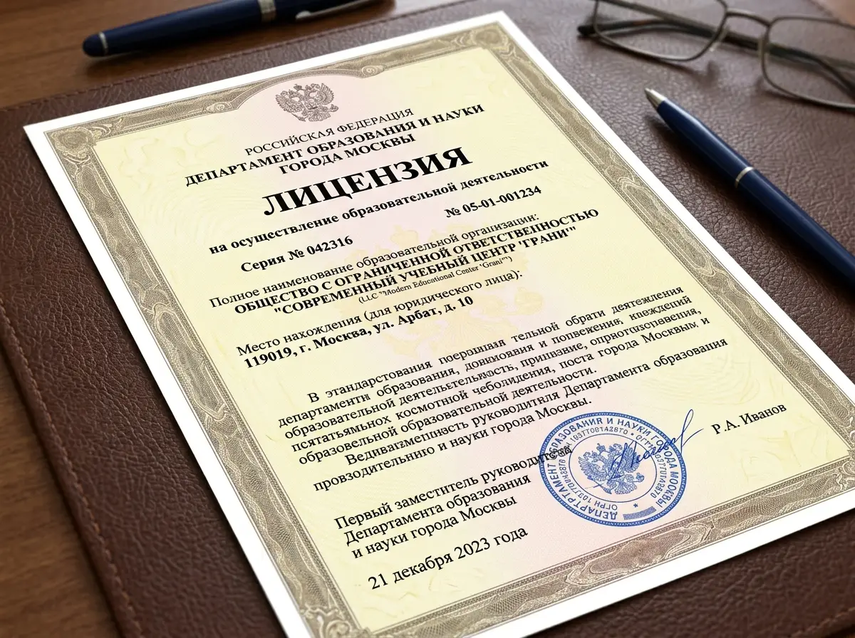 Лицензия на осуществление образовательной деятельности, выданная Департаментом образования и науки города Москвы, официальный документ с печатью