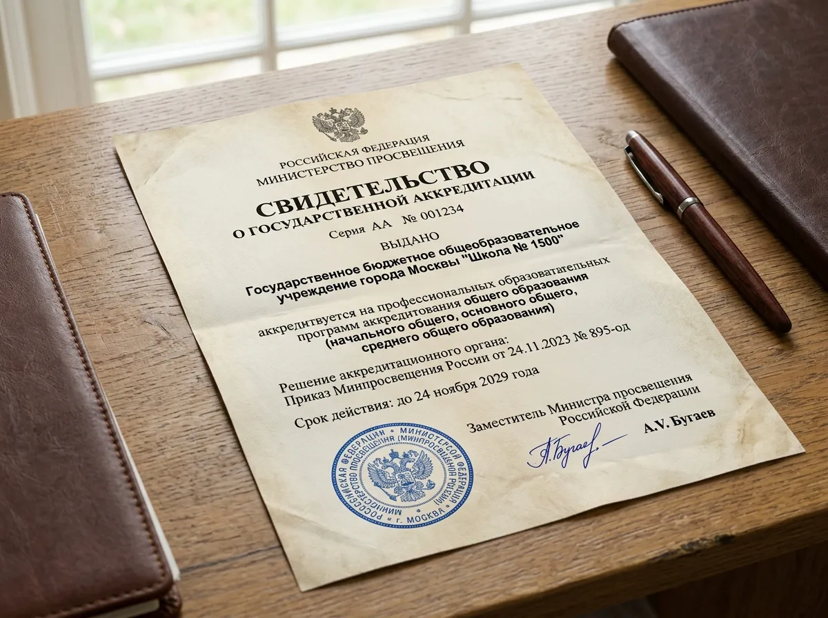 Свидетельство о государственной аккредитации образовательного учреждения, синяя гербовая печать, официальный бланк Минпросвещения России
