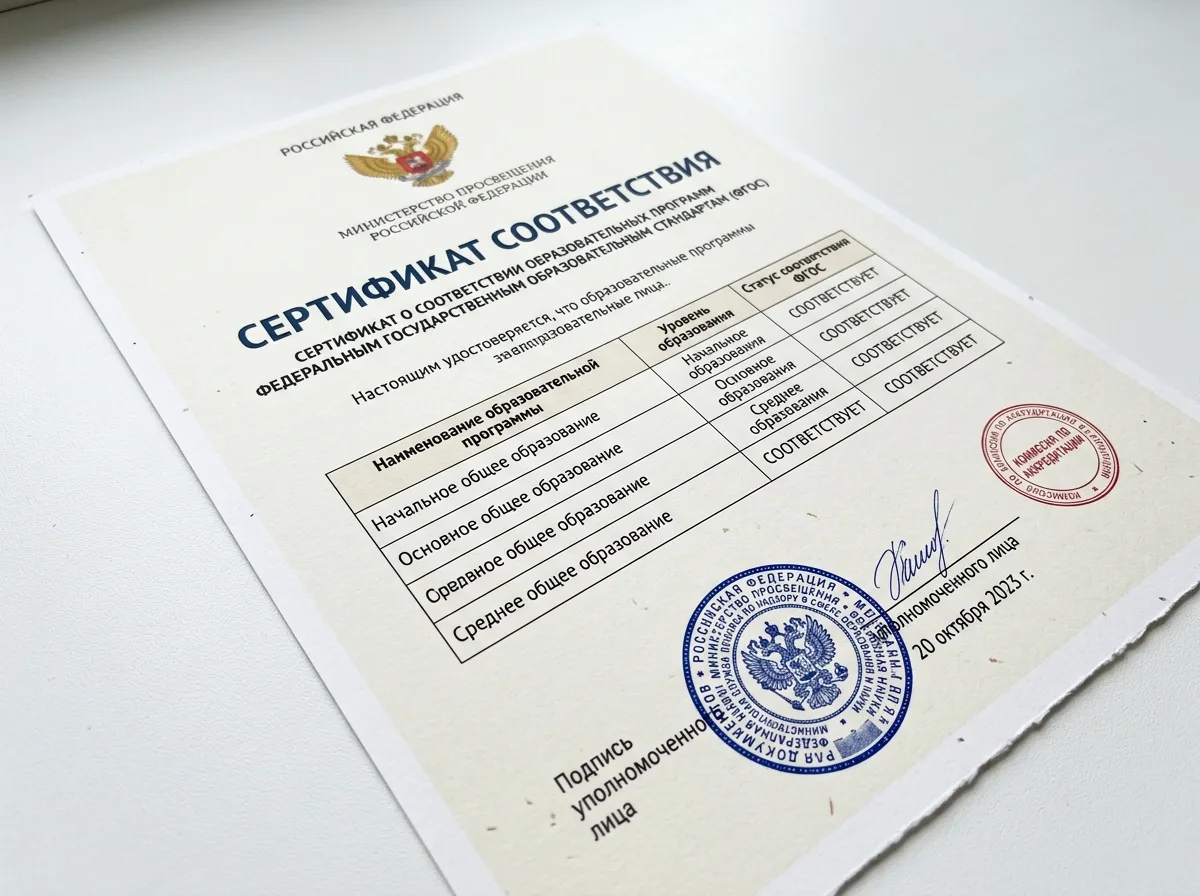 Сертификат соответствия образовательных программ федеральным государственным стандартам ФГОС, документ на белом фоне с печатями